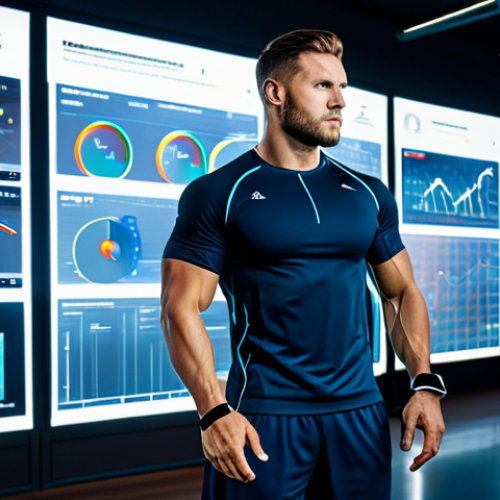 Home 11 A professional athlete, fully clothed in modest, futuristic athletic wear, stands in a brightly lit, high-tech sports performance lab. They are looking at a transparent holographic display showing complex biometric data, while wearing sleek, advanced smart wearables on their wrist and chest. The background features glowing data visualizations and modern gym equipment. The scene emphasizes data analysis, personalized training, and injury prevention in sports medicine. Safe for work, appropriate content, fully clothed, professional, perfect anatomy, correct proportions, natural pose, well-formed hands, proper finger count, natural body proportions, high quality studio photography.