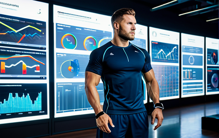 A professional athlete, fully clothed in modest, futuristic athletic wear, stands in a brightly lit, high-tech sports performance lab. They are looking at a transparent holographic display showing complex biometric data, while wearing sleek, advanced smart wearables on their wrist and chest. The background features glowing data visualizations and modern gym equipment. The scene emphasizes data analysis, personalized training, and injury prevention in sports medicine. Safe for work, appropriate content, fully clothed, professional, perfect anatomy, correct proportions, natural pose, well-formed hands, proper finger count, natural body proportions, high quality studio photography.