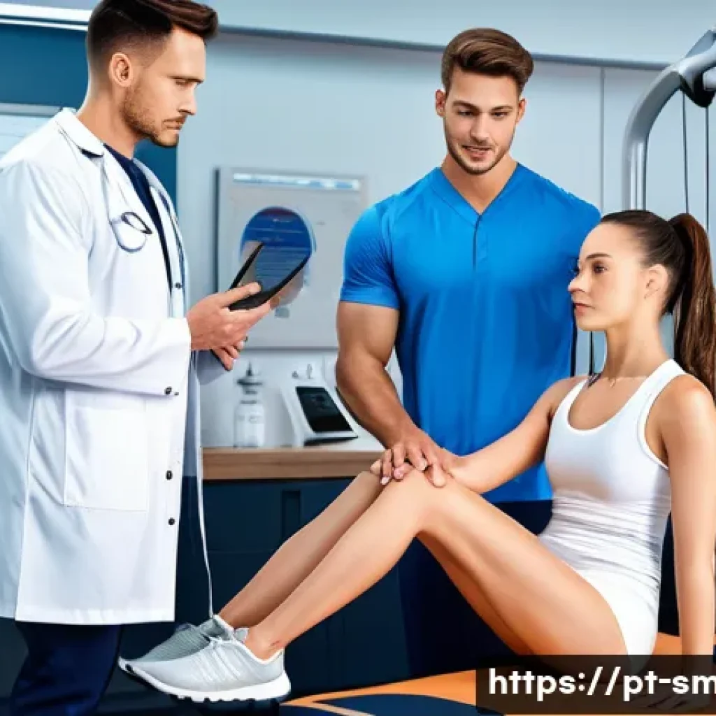 스포츠의학 교육 및 연수 - A detailed and realistic sports medicine clinic scene featuring a professional wearing athletic unde...
