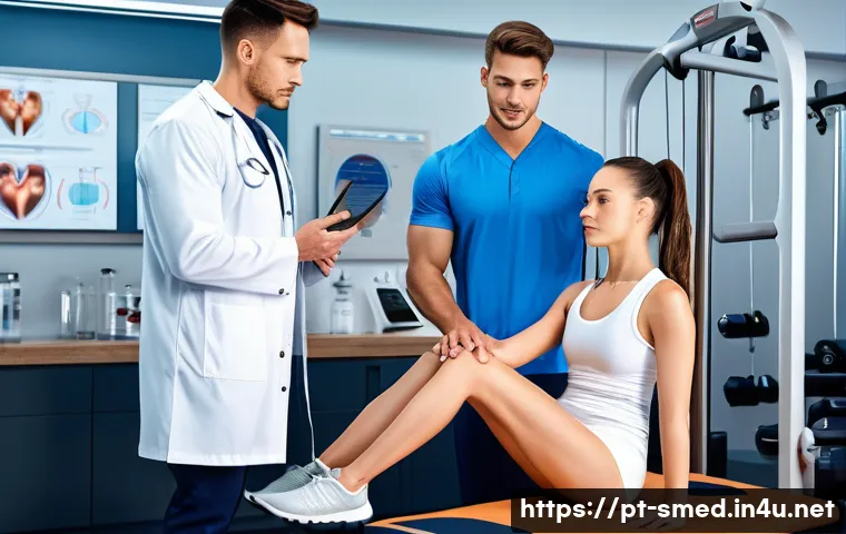 스포츠의학 교육 및 연수 - A detailed and realistic sports medicine clinic scene featuring a professional wearing athletic unde...