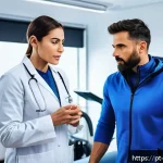 Home 21 스포츠의학 자격증 취득 후 이직 기회 - A professional sports medicine doctor wearing a white lab coat and sportswear underneath, engaging i...