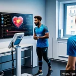 Home 20 스포츠의학 전문가로서의 직무 수행 - A high-tech sports medicine clinic scene showing a diverse group of athletes undergoing personalized...
