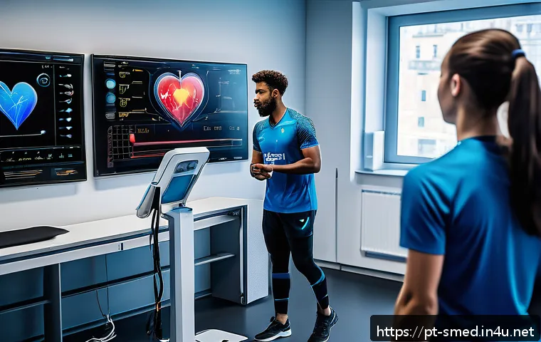 스포츠의학 전문가로서의 직무 수행 - A high-tech sports medicine clinic scene showing a diverse group of athletes undergoing personalized...