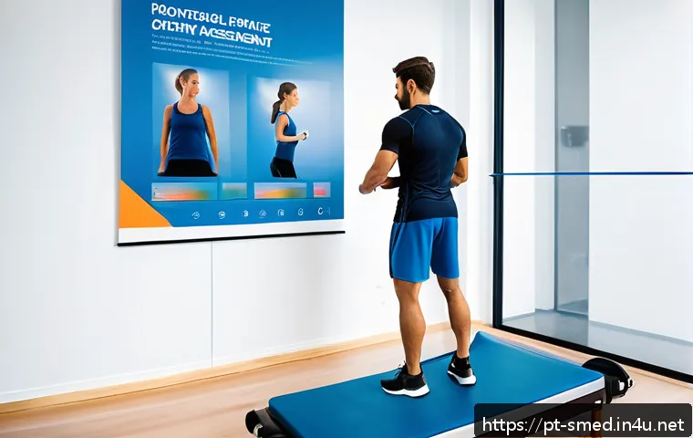 스포츠의학 실습과정 - A detailed sports medicine clinic scene showing a professional male physiotherapist in athletic atti...