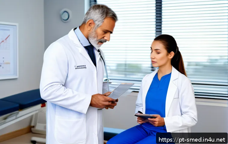 스포츠의학 자격증 취득 후 진로 선택 - A professional sports medicine doctor conducting a personalized clinical consultation with a middle-...